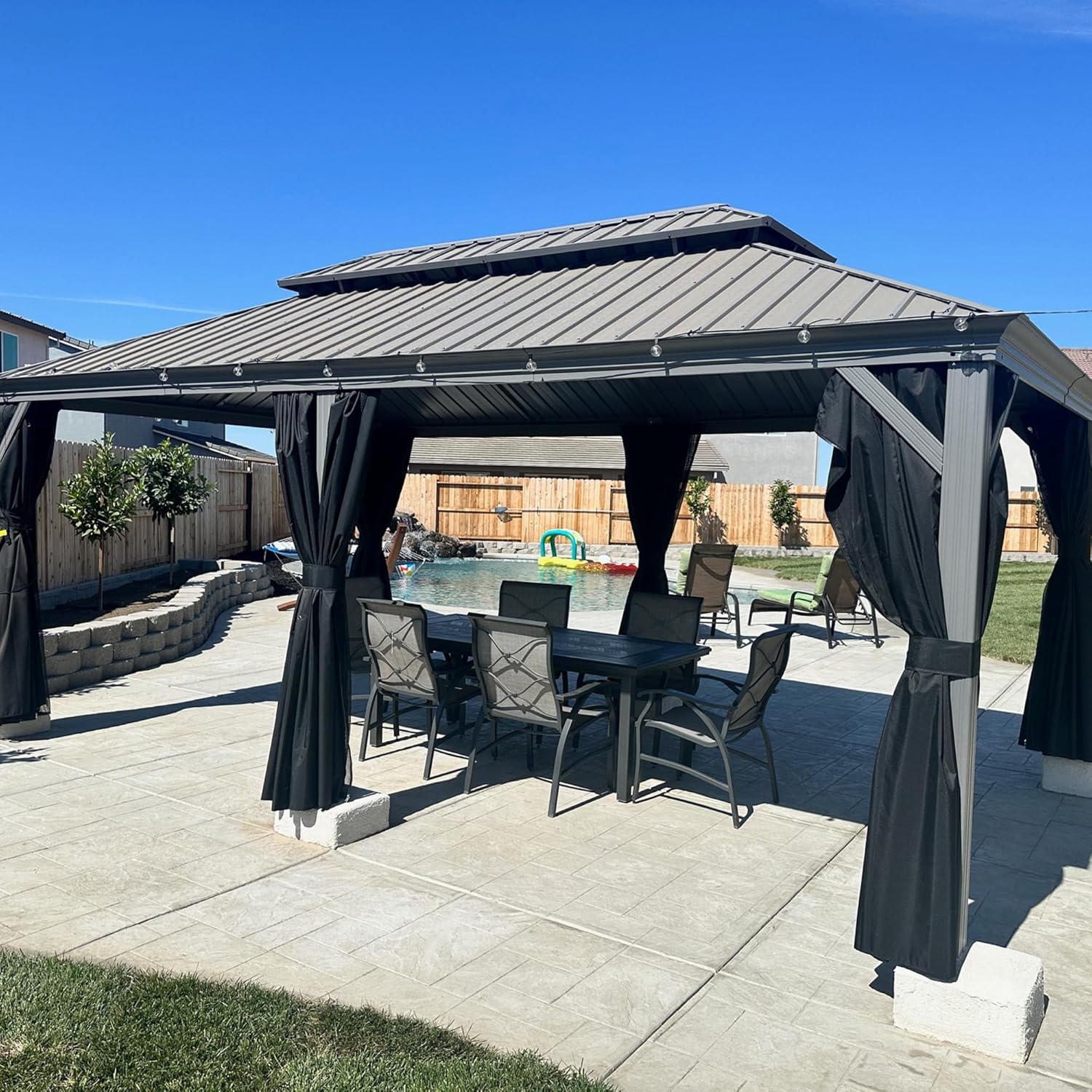 bleujardin - Pergola double toit aluminium 3,65x6m rideaux LED, Gris -