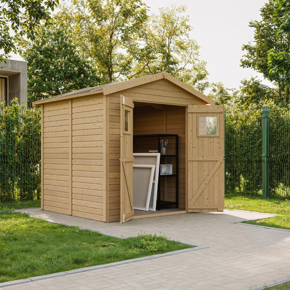 Abri de Jardin en Bois Naturel - Stockage extérieur avec fenêtres H228x222x233 cm/4,2 m² Hangar en Bois Naturel - Atelier Rangement Outils et vélos- bleujardin M351