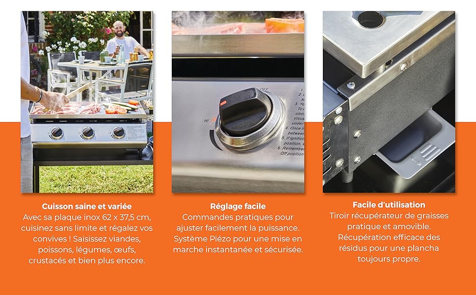 Plancha Cadix 3 feux Plaque inox bleujardin