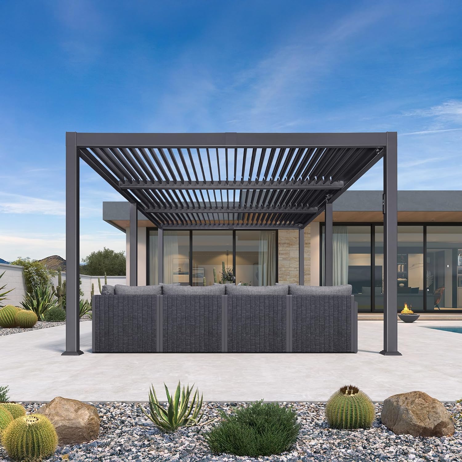 bleujardin - pergola bioclimatique - 3,5x6,35m - lames LED alu gris