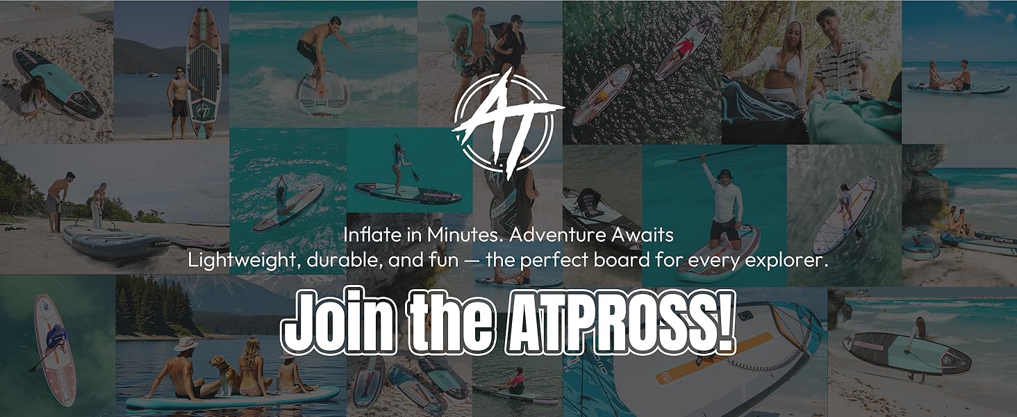 Collage d'activités nautiques mettant en vedette des paddleboards. Le logo central et le texte font la promotion des planches à pagaie gonflables « bleujardin », mettant l'accent sur les caractéristiques légères, durables et amusantes des loisirs nautiques