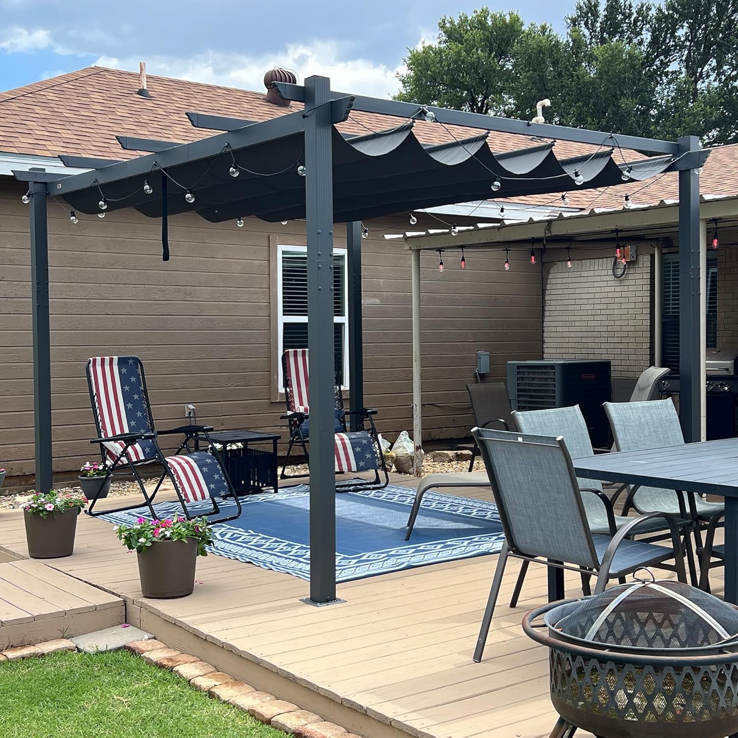 bleujardin - Pergola LED série - 4x3 m - aluminium, toit rétractable, tissu teinté