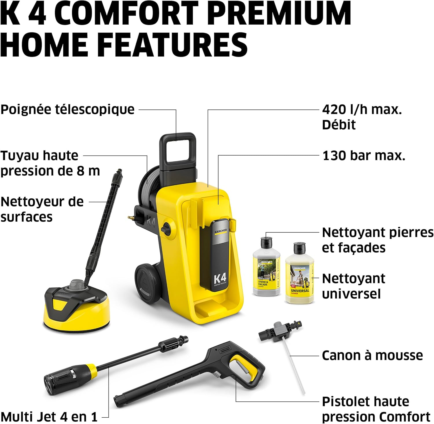 bleujardin - K 4 Comfort Premium Home - 130 bar, 420 l/h, 30 m²/h, enrouleur, 4 jets