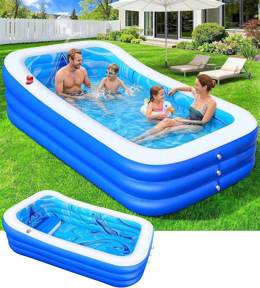bleujardin Piscine Gonflable Adulte, Piscine Familiale avec Siège et Dossier, 0.5mm Épaissi Piscines Rectangulaire Gonflable avec Porte-Gobelet, 250*160*63cm Pataugeoire Grande Piscines Gonflable Jardin