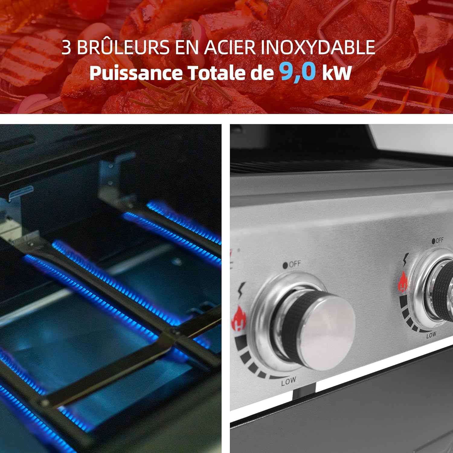 bleujardin – BBQ Gaz 3 brûleurs – 9kW – chariot, capot, grilles, jardin