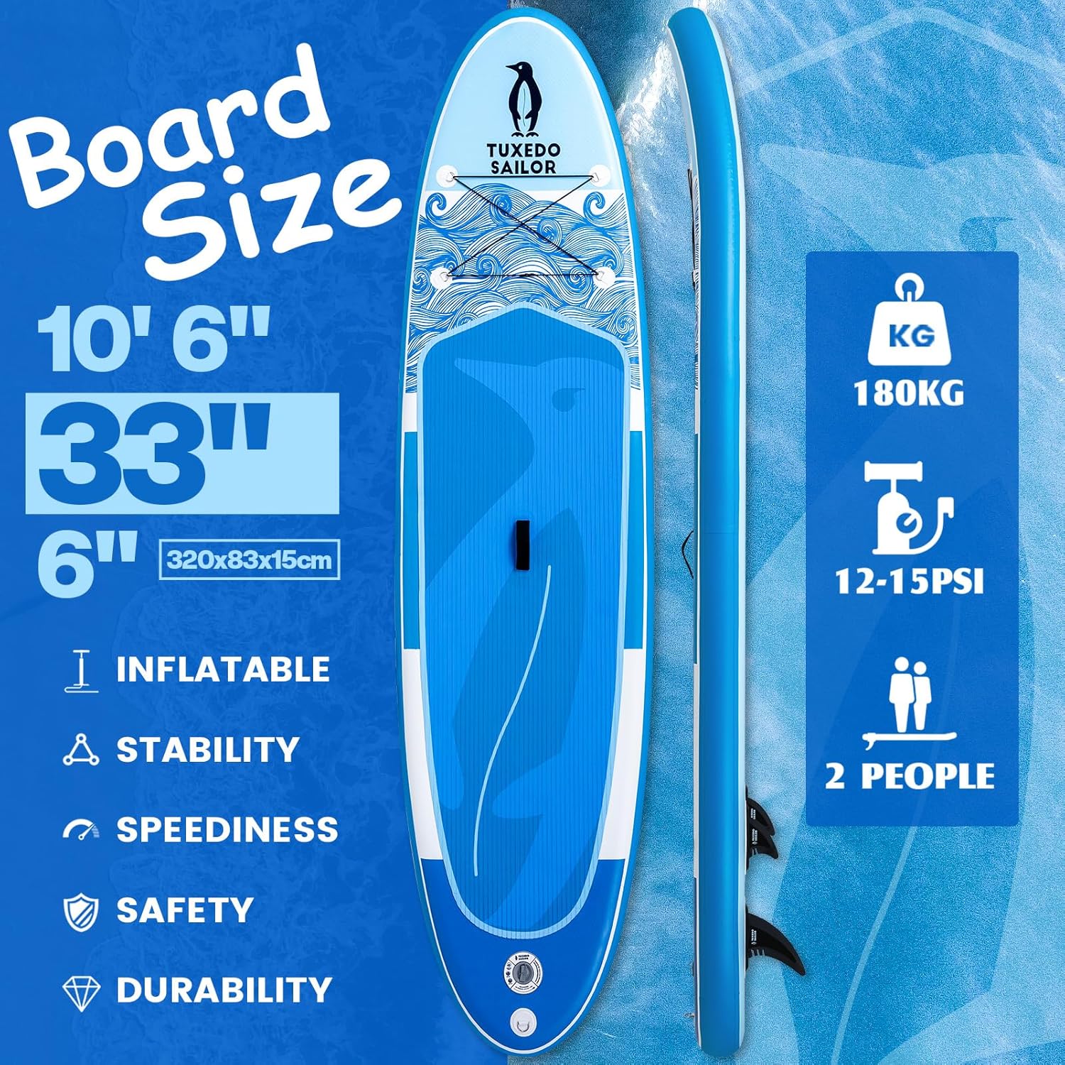 bleujardin - Paddle Gonflable Adulte - 320cm - SUP avec accessoires complets