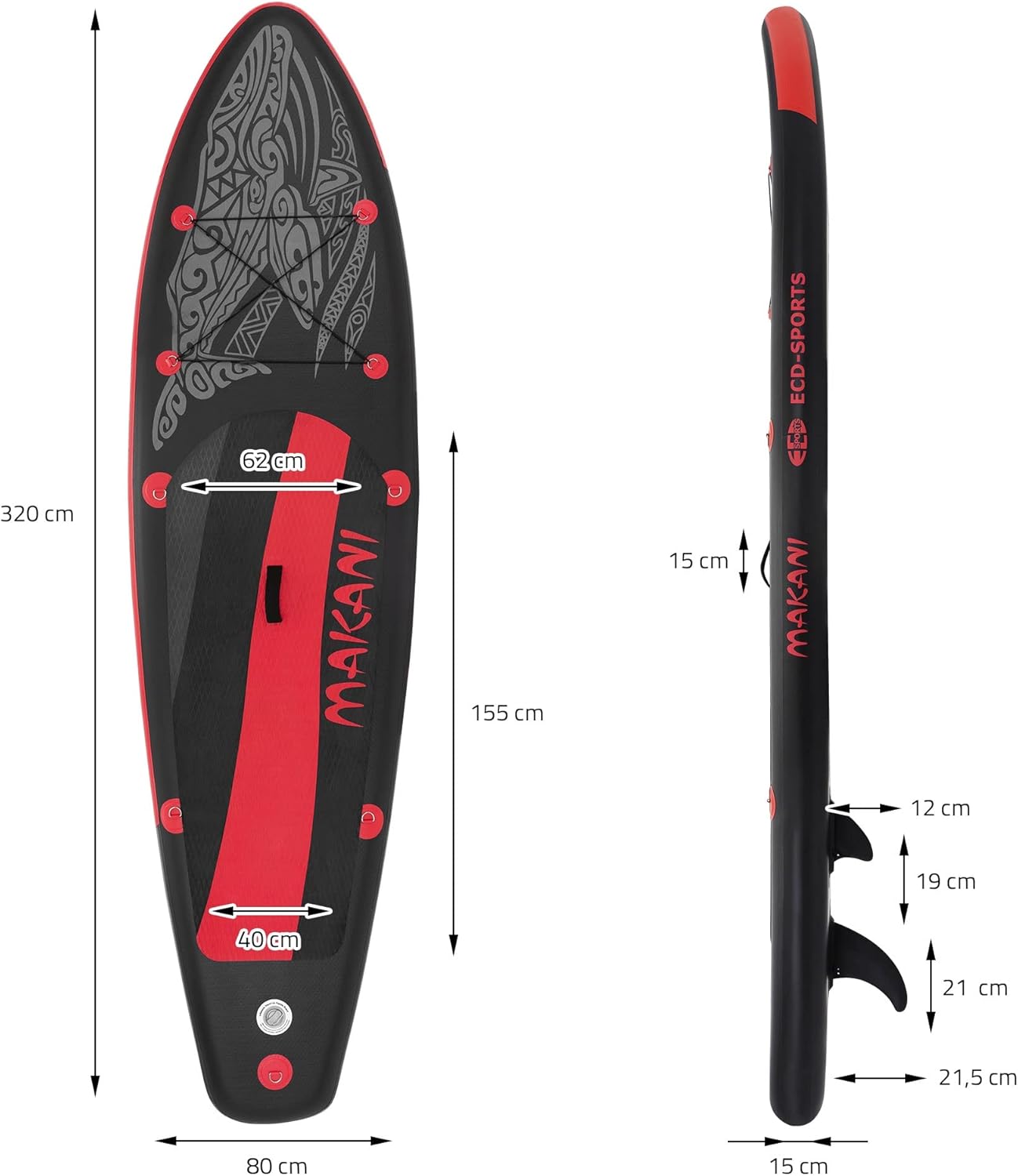 bleujardin - Stand Up Paddle Board - 305/308/320/380 cm - PVC, 120/150 kg, 10/15 cm d'épaisseur
