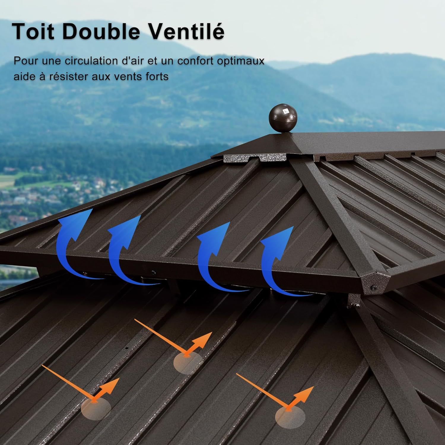 bleujardin - tonnelle jardin extérieur - 6x3,65m - alu, éclairage, rideaux, gouttière, poteaux renforcés, bronze
