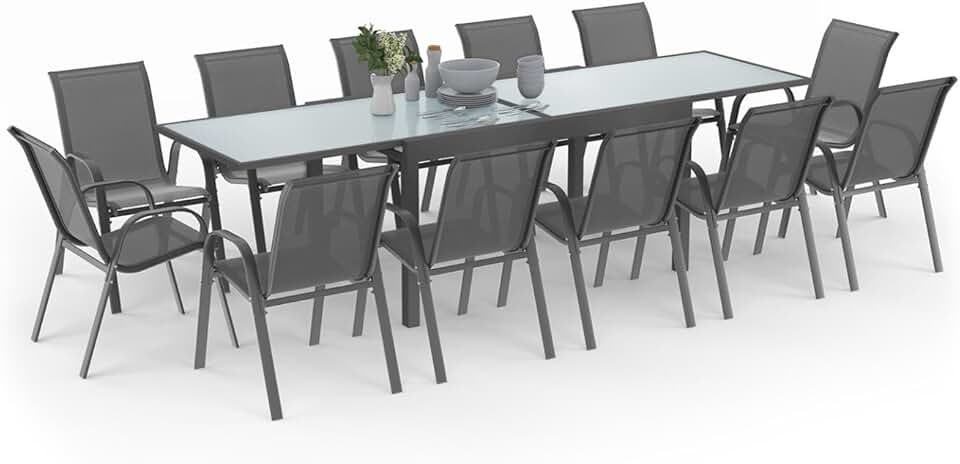 bleujardin - Madrid salon jardin, table extensible 135-270 cm, 12 chaises empilables, gris anthracite