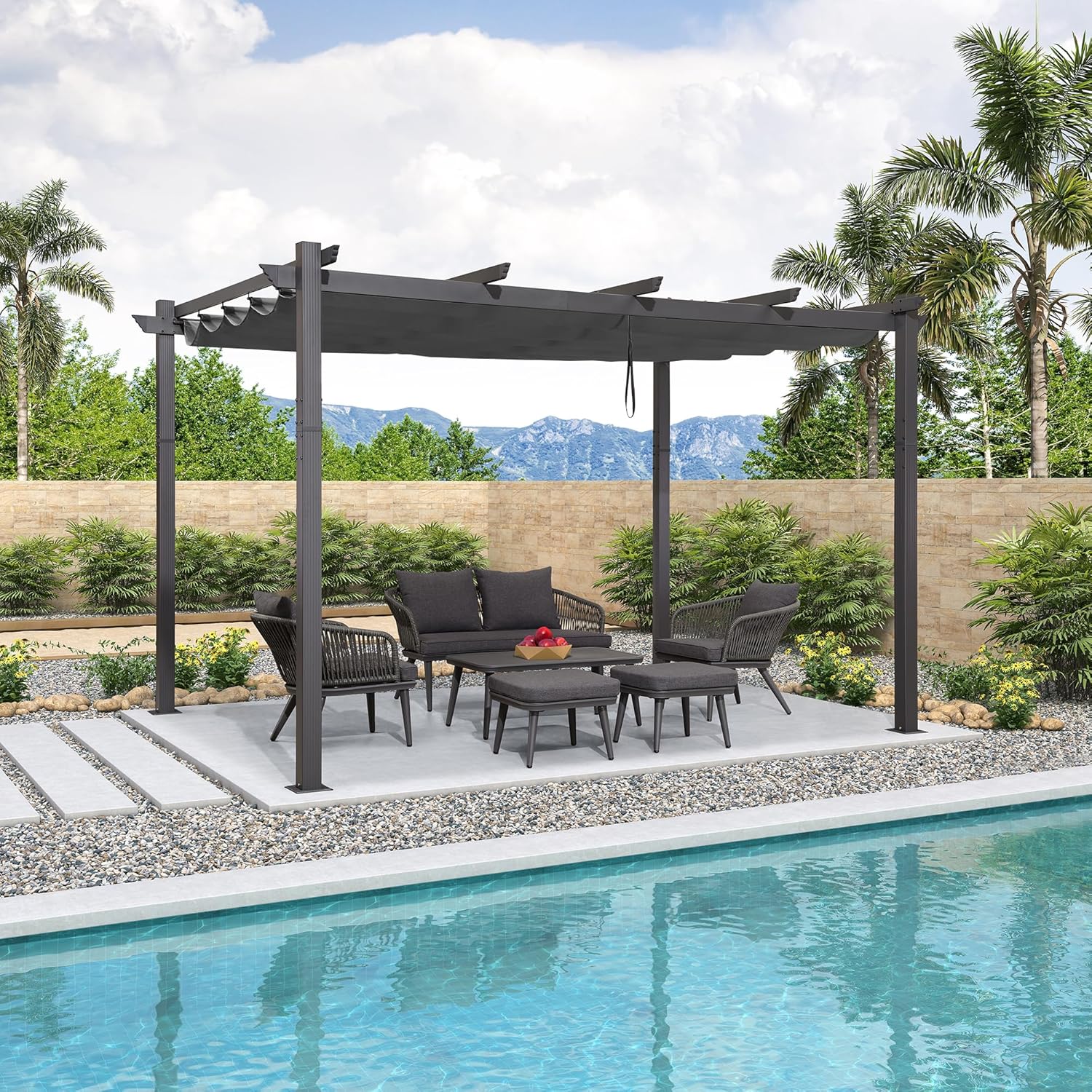 bleujardin - Pergola aluminium, 3,65x3m, toile coulissante, gris