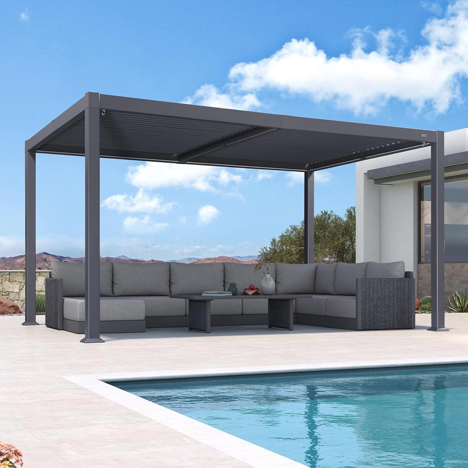 bleujardin - Pergola aluminium bioclimatique - 3 x 4,25 m - Lames orientables, LED, étanche