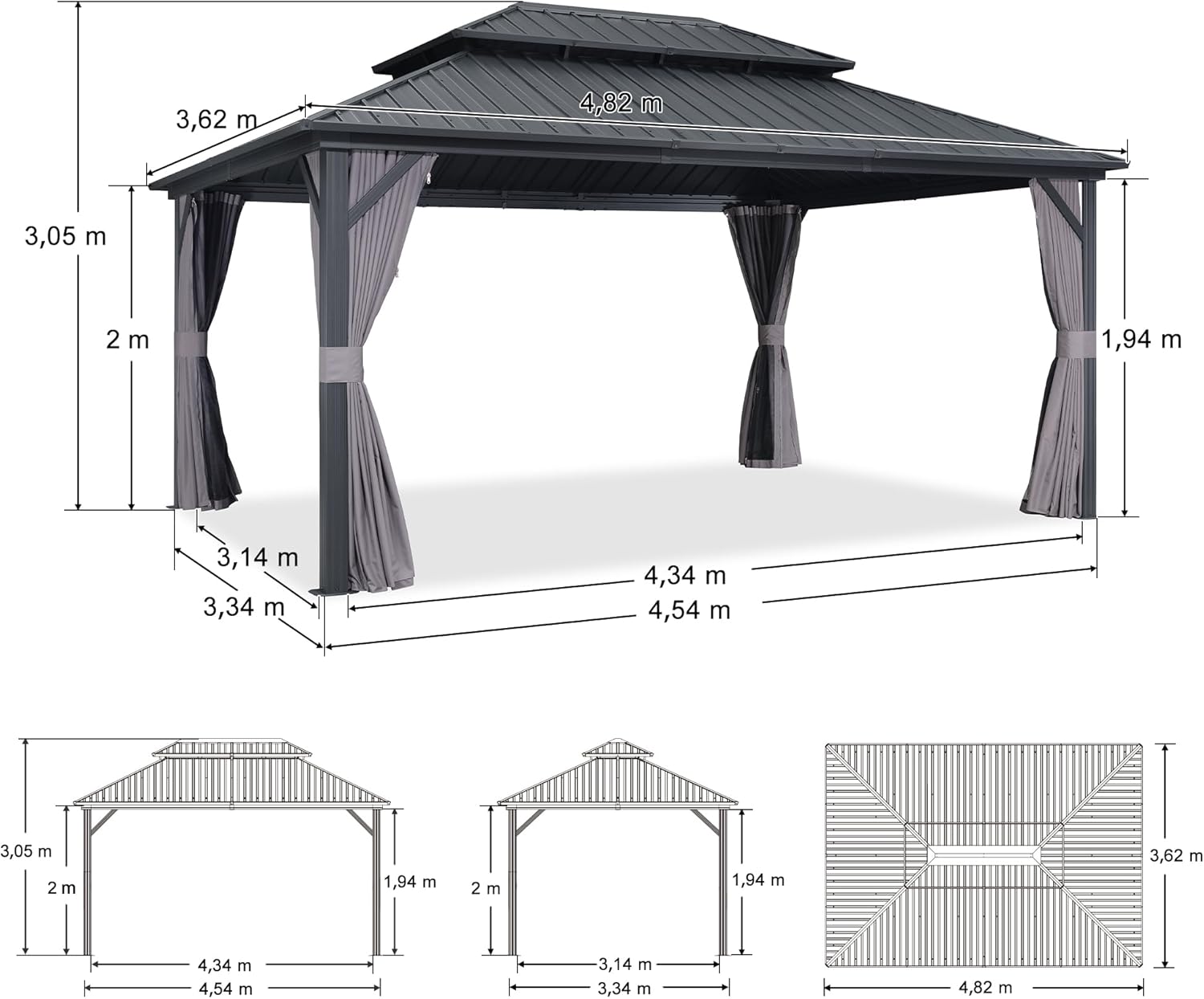 bleujardin - pergola série double toit - 4,85x3,65 m - alu acier, rideaux, moustiquaire