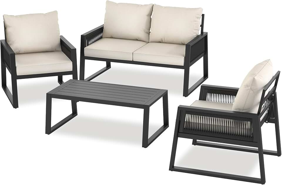 bleujardin - Salon jardin alu 4 places, canapé, fauteuils, table, coussins inclus