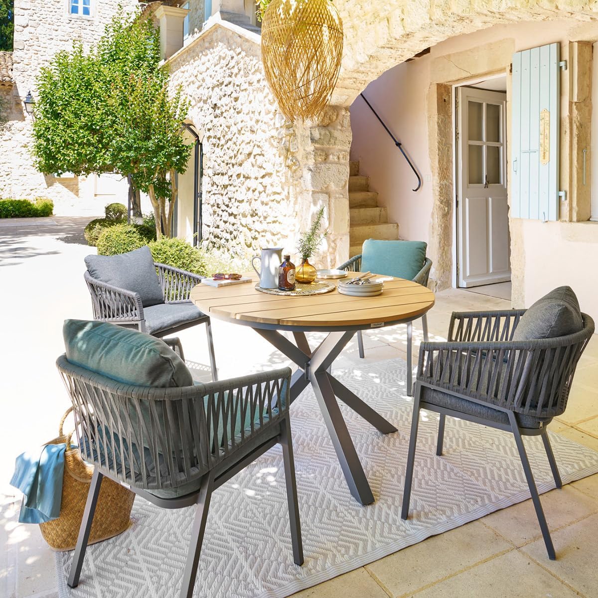 bleujardin - Oriengo - 4 places, ronde, aluminium epoxy/acacia