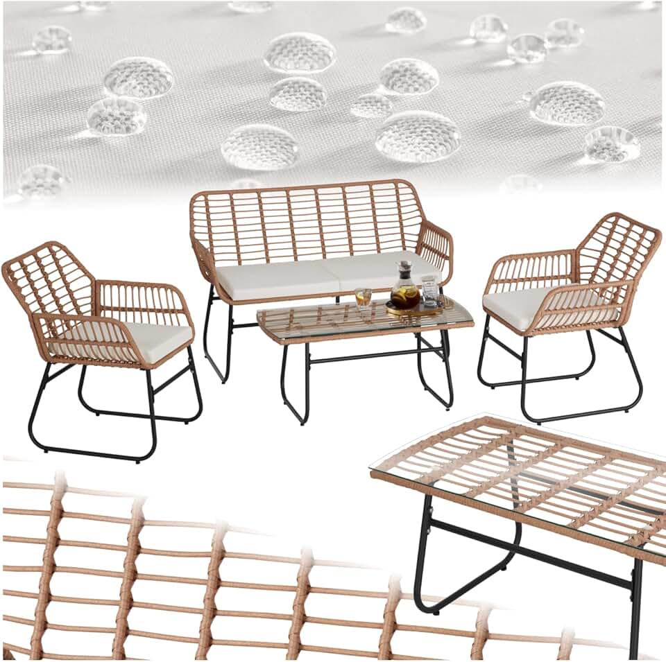 bleujardin - salon de jardin poly rotin 4 pcs, coussins, plateau verre 401206