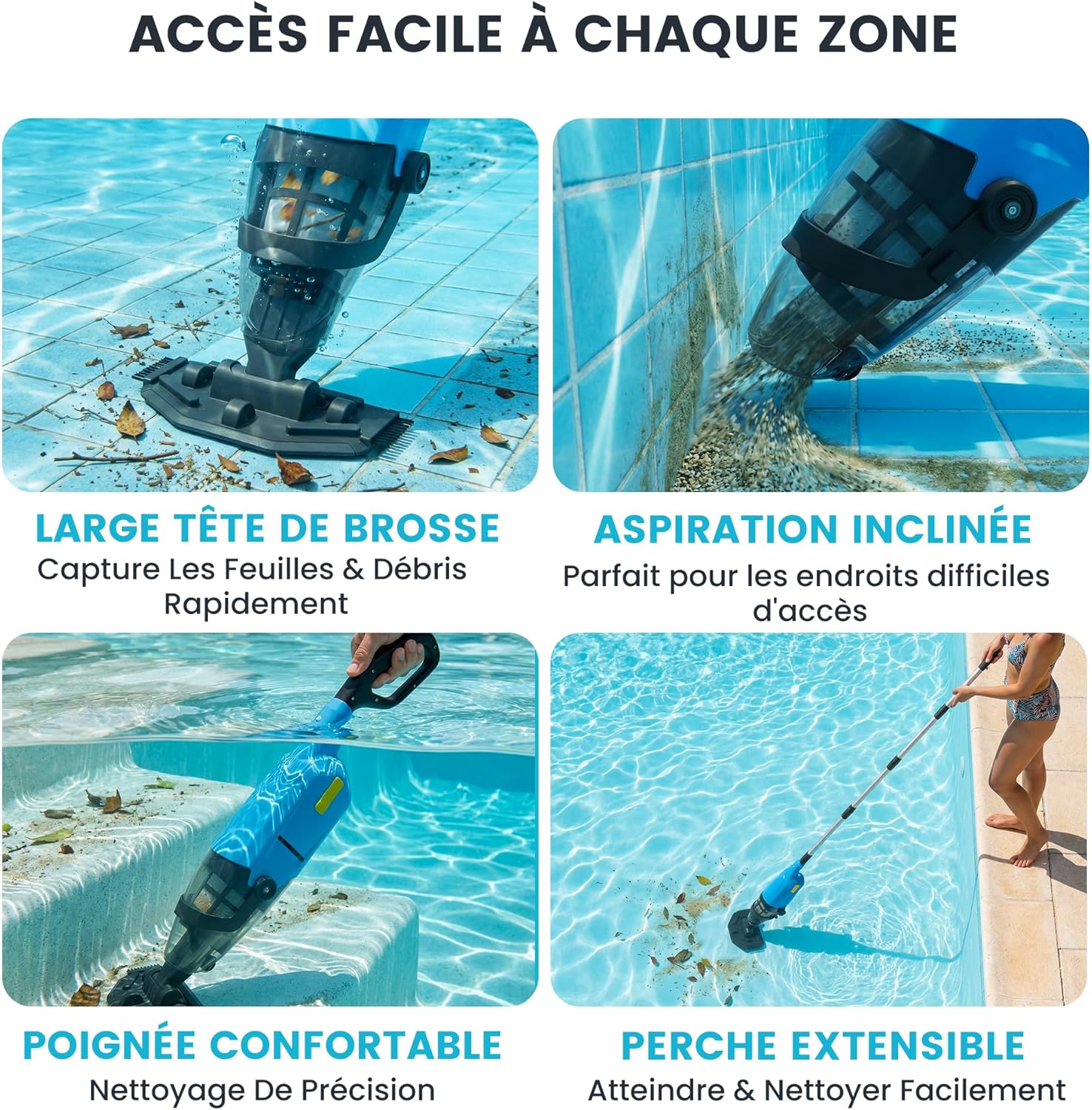 Aspirateur de piscine manuel - sans fil rechargeable, léger, pour piscines et spas