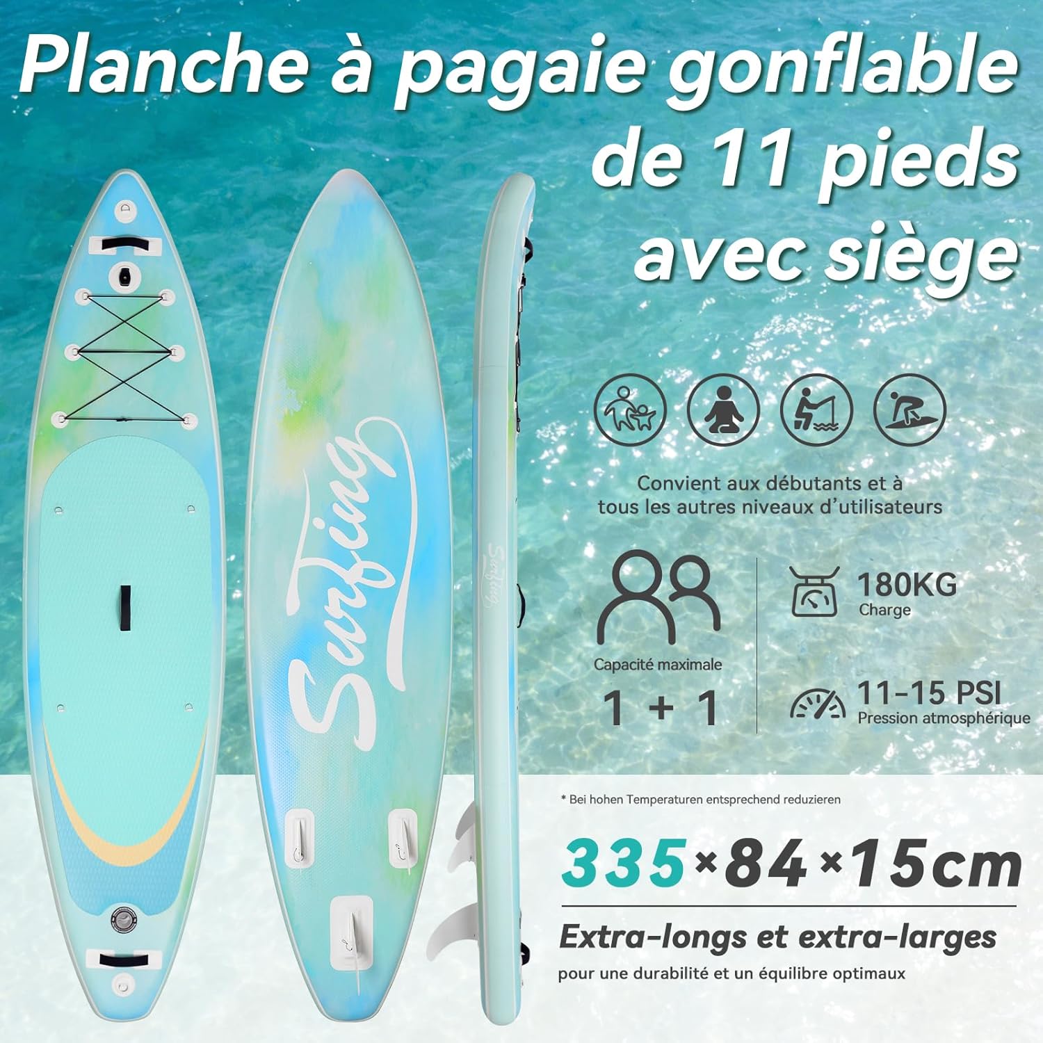 bleujardin - paddle gonflable adulte - 320/335cm - 2 places, siège kayak, pagaie alu, support caméra, pompe, 150 kg