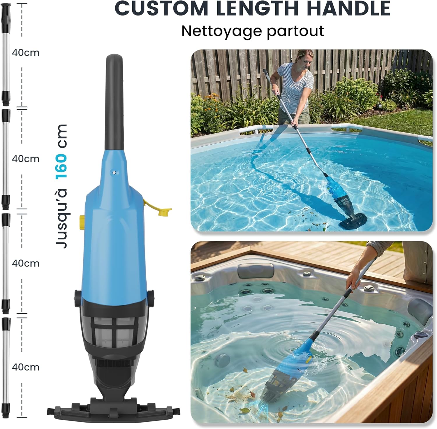 Aspirateur de piscine manuel - sans fil rechargeable, léger, pour piscines et spas