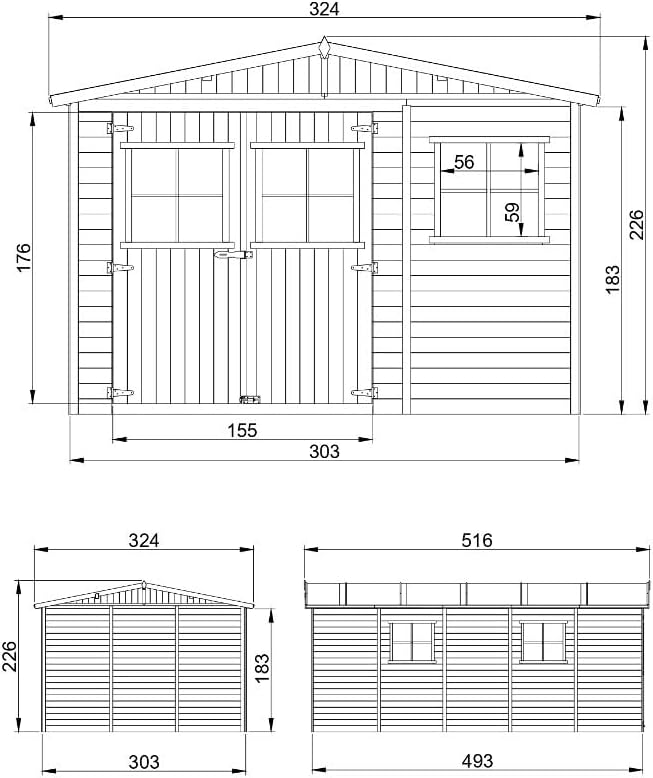 ABRI de Jardin en Bois Exterieur avec Les PLANCHERS IMPRÉGNÉ - Chalet en Pin/épicéa- H226x324x516 cm/15 m²- Construction de Panneaux- Rangement pour vélos, Remise à Outils- bleujardin M337+M337G