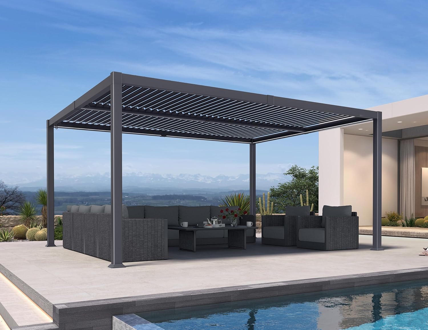 bleujardin - Pergola bioclimatique alu 4x4.6m, lames LED, durable