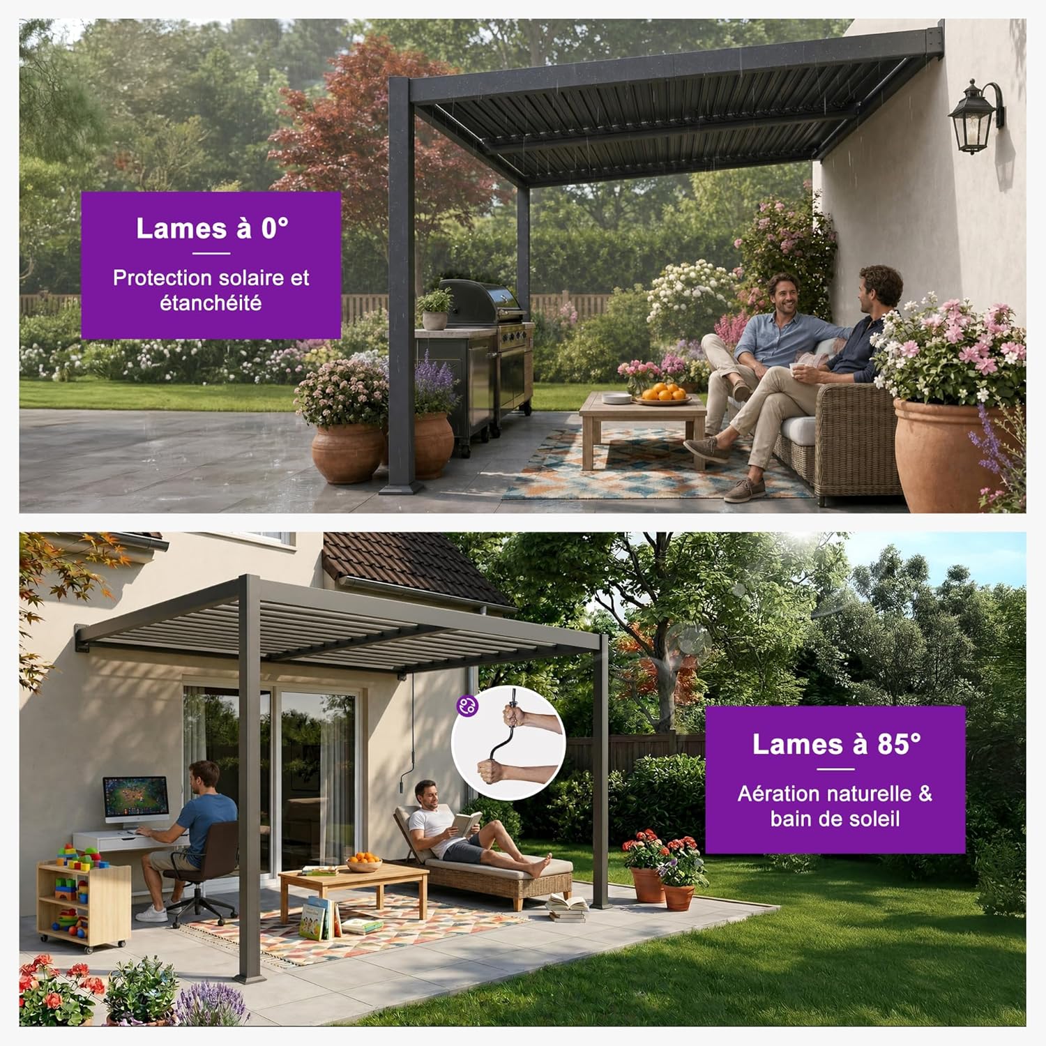 bleujardin - pergola bioclimatique adossée - 2,5x3,65m - aluminium, lames orientables, imperméable, gain de place