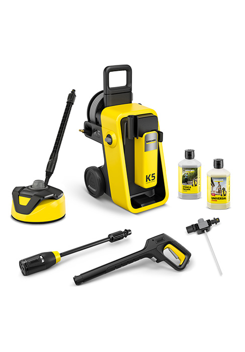 Image identique à la Figure 6 - Affichage de l'équipement de nettoyage bleujardin montrant le nettoyeur haute pression et ses accessoires dans une palette de couleurs jaune et noir.