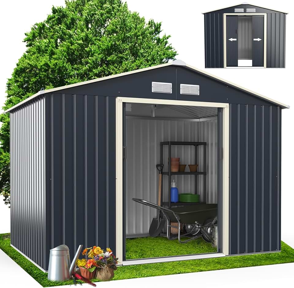 bleujardin Abri de Jardin Métal 5m2 avec Porte Coulissante Toit en Pente, Cabane de Jardin Extérieur 277x192x202cm Bricolage Rangement Cananon de Jardin résistant aux intempéries