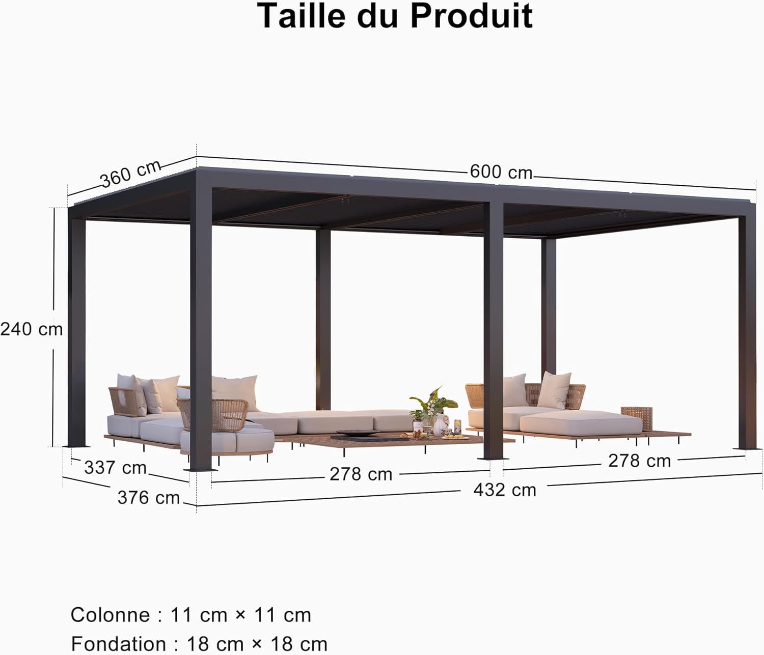 bleujardin - Pergola Bioclimatique 6x3,68m - aluminium, stores, lames orientables