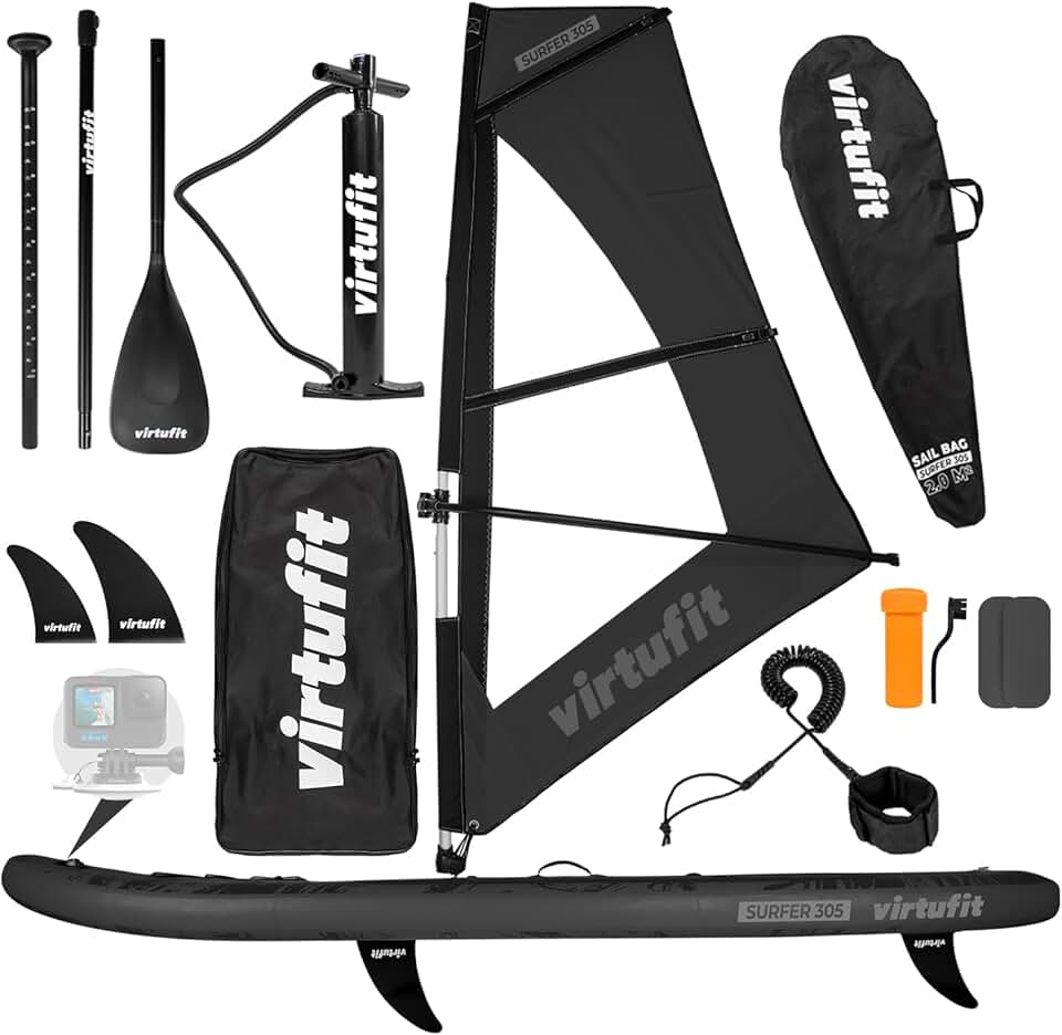 bleujardin Planche de SUP Surfer 305 gonflable avec voile de planche à voile, planche de stand up paddle noire, accessoires, pagaie, pompe, sac de transport, support GoPro, débutant à avancé, 305 x 81 x
