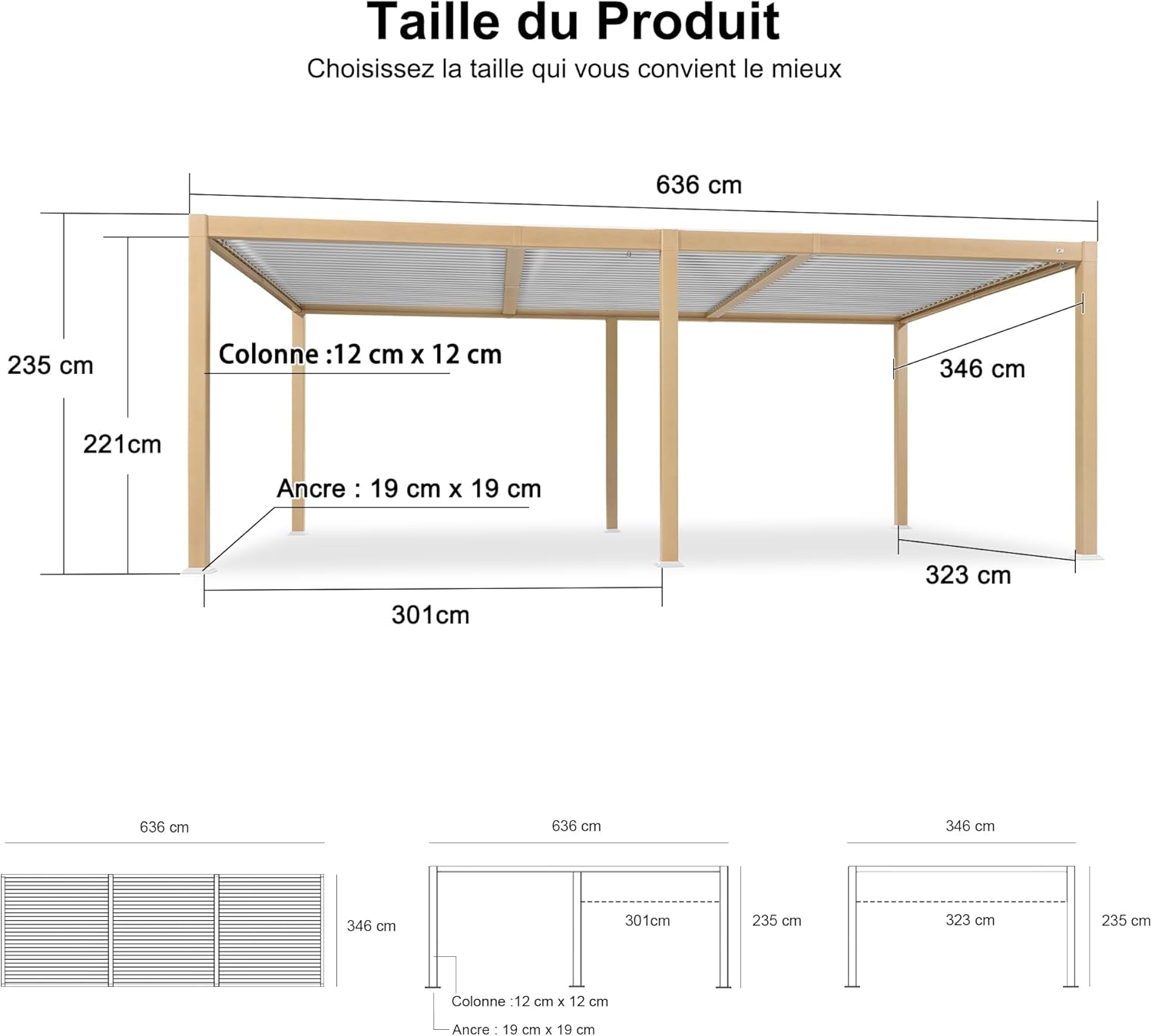 bleujardin - Pergola effet bois - 3.5x6.35m - LED, lames orientables, étanche