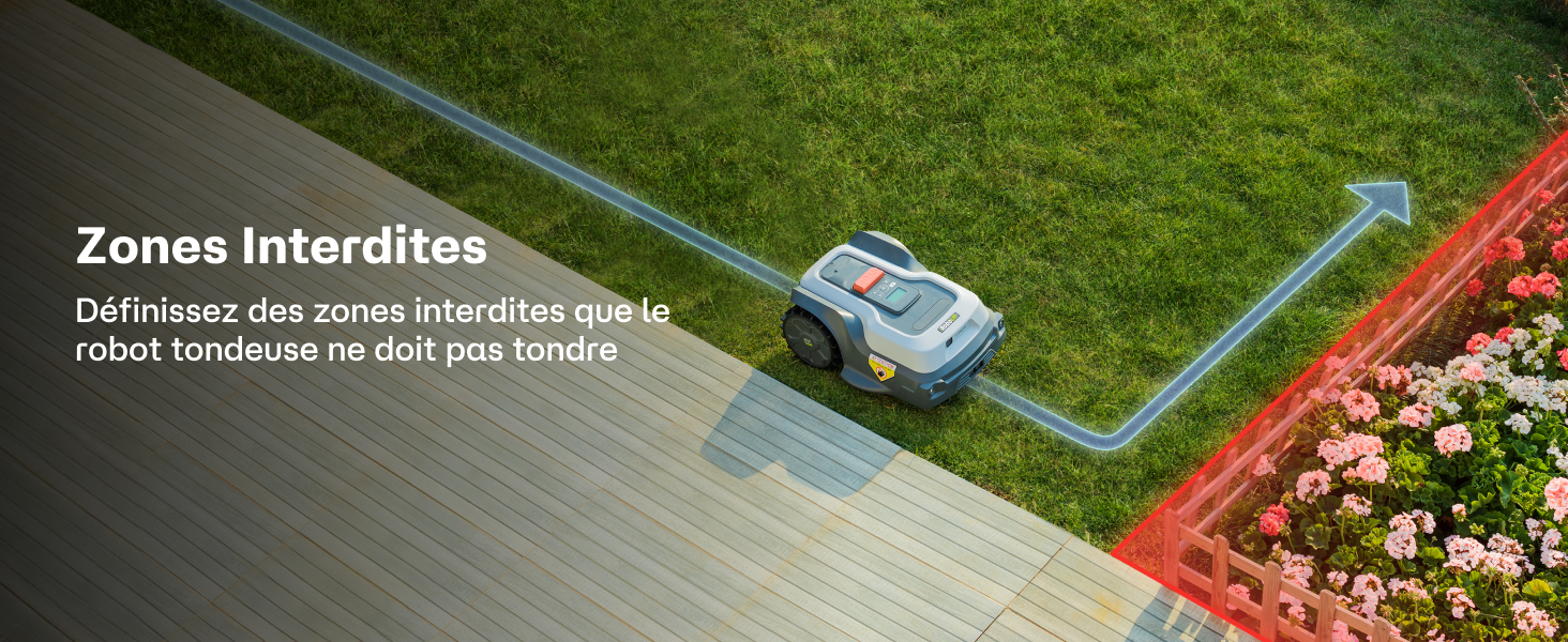 Le texte indique « Zones interdites ». Vue aérienne d'une pelouse ou d'un jardin avec des sentiers et des éléments d'aménagement paysager, montrant la cartographie des zones réglementées.