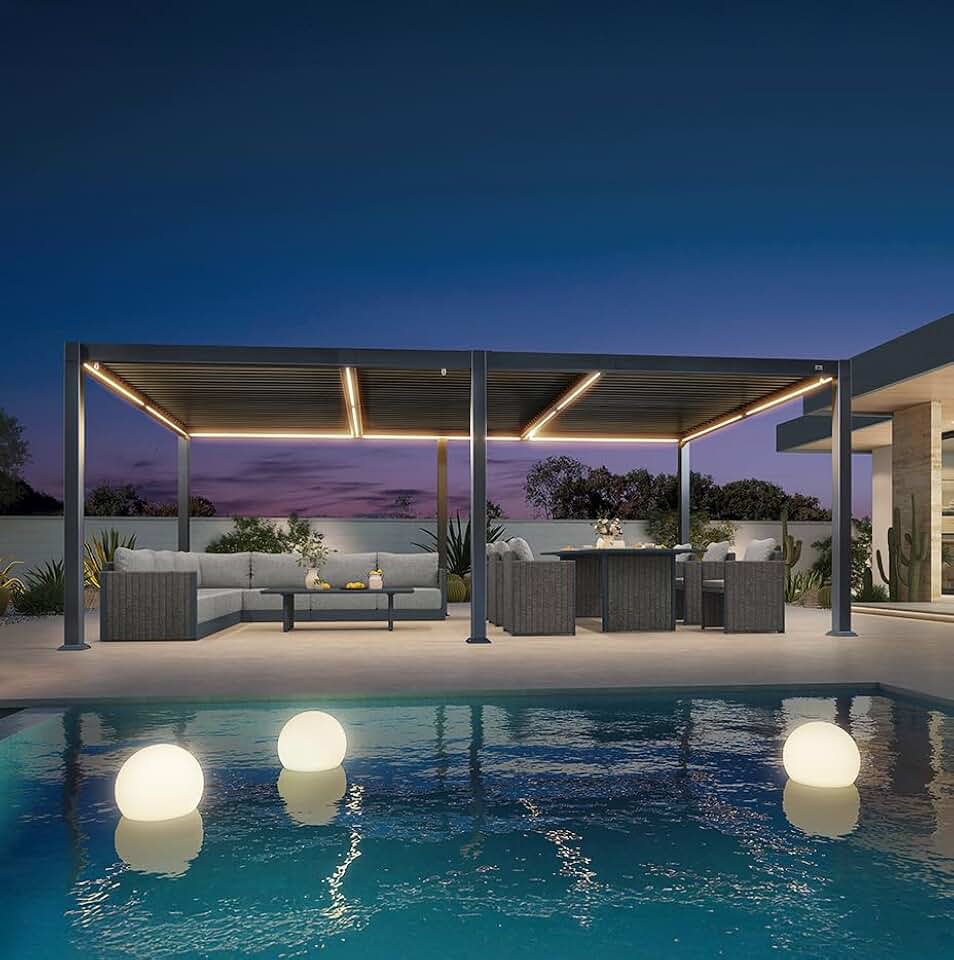 bleujardin - pergola bioclimatique - 3,5x6,35m - lames LED alu gris