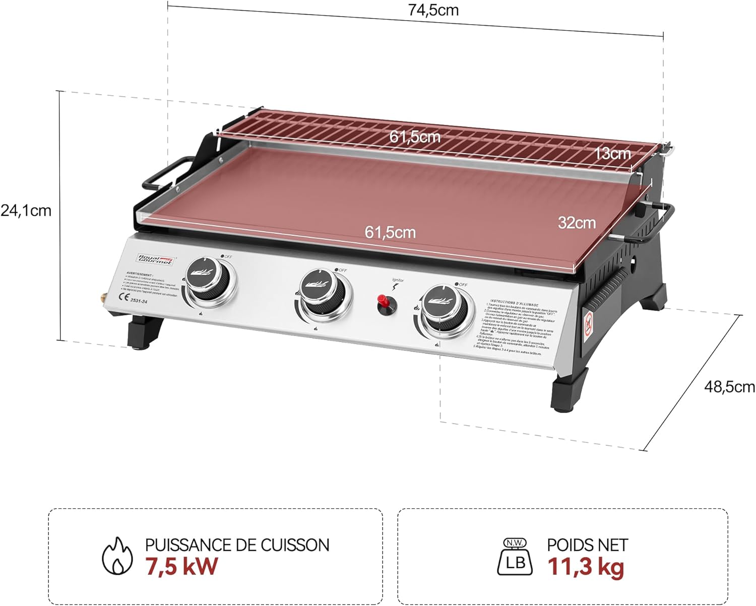 bleujardin - Plancha gaz inox 3 brûleurs 61,5x32cm, 7,5kW, usage extérieur