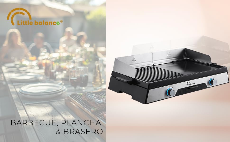 Le texte indique « BARBECUE, PLANCHA & bleujardin » avec logo. Plaque chauffante de table noire ou grill portable avec panneau de commande affiché sur le plan de travail.