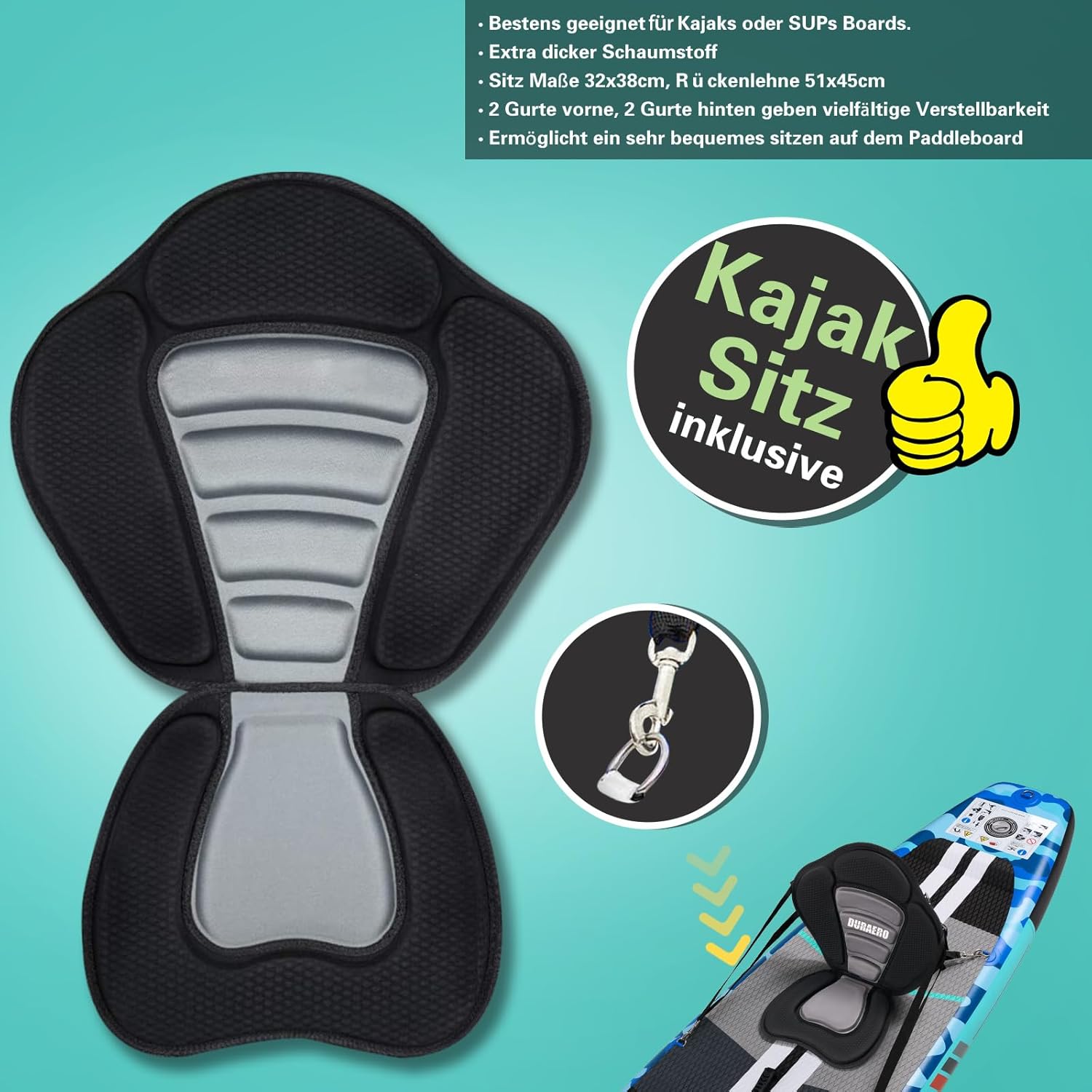Siège de Kayak Gonflable Stand Up Paddle et Support de caméra, pagaie 2 en 1 330x76x15cm, Pompe jusqu'à 150kg avec Sangle de Pied, Sac à Dos