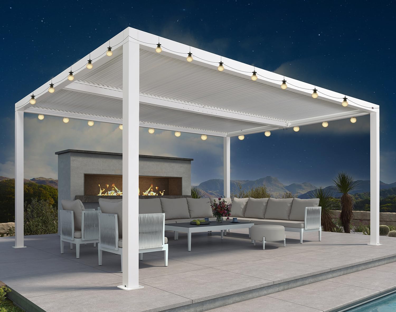 bleujardin - Pergola bioclimatique - 4,8x3,68m - lames orientables, éclairage intégré, aluminium, blanc