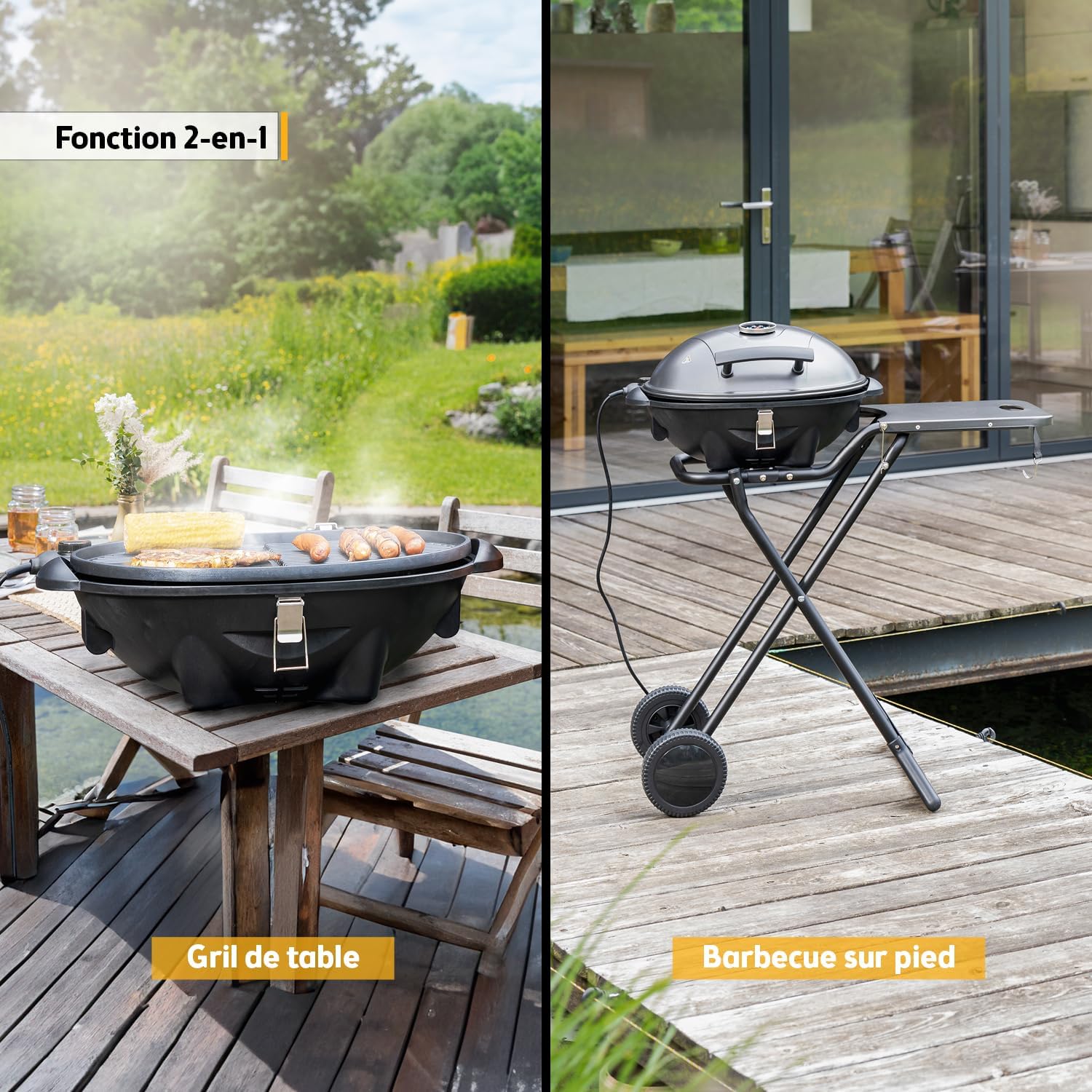 bleujardin - Barbecue 2-en-1 pliable 2400W, couvercle, chariot, thermomètre - TZSFA5350-6