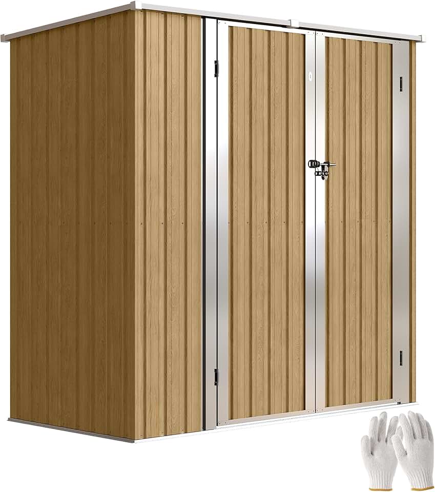 bleujardin Abri de Jardin d'extérieur 1,37 m², 163 x 89 x 163 cm, abri de Jardin métallique d'extérieur avec Toit en Pente, Portes à loquet et poignées pour Le Rangement des Outils, Marron Clair
