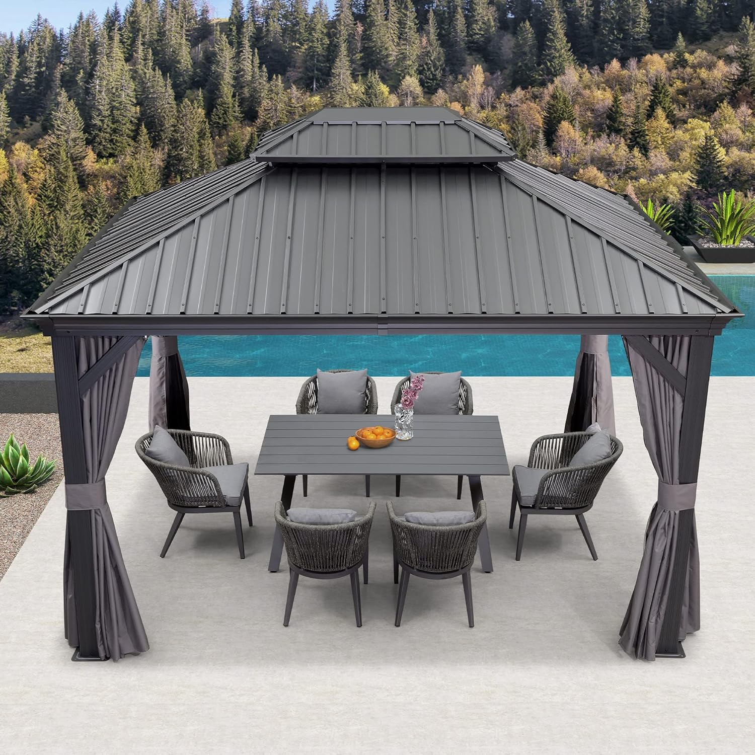 bleujardin - pergola double toit acier 4x3m, moustiquaire, rideaux