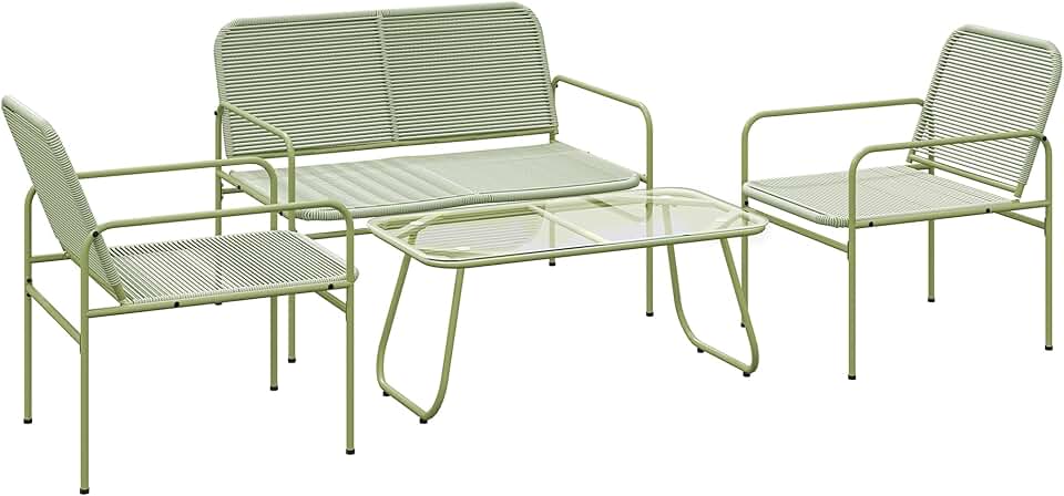 bleujardin - salon de jardin 4 places acier résine vert - canapé, fauteuils, table