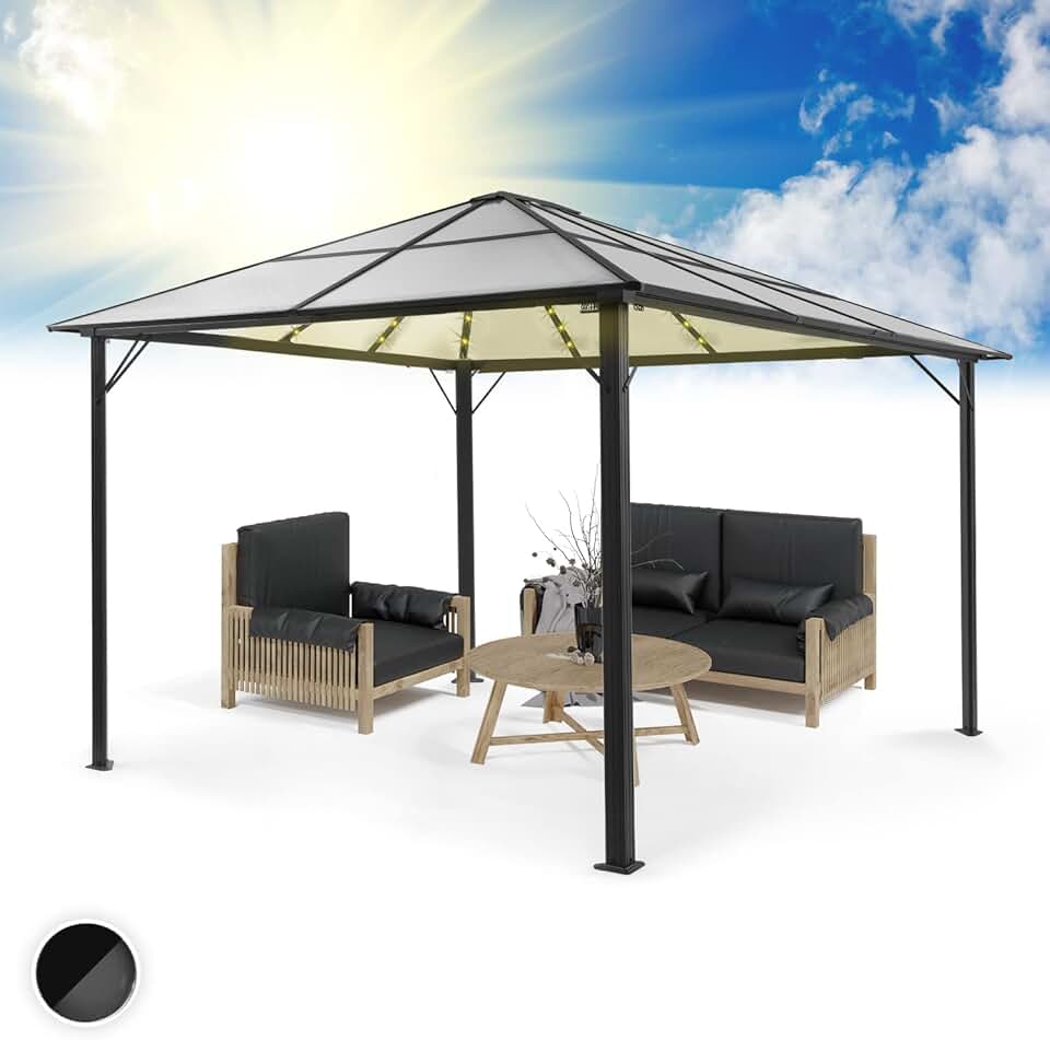 bleujardin - Pergola aluminium série Jardin - 3x4m - toit polycarbonate rigide, éclairage LED, verre translucide