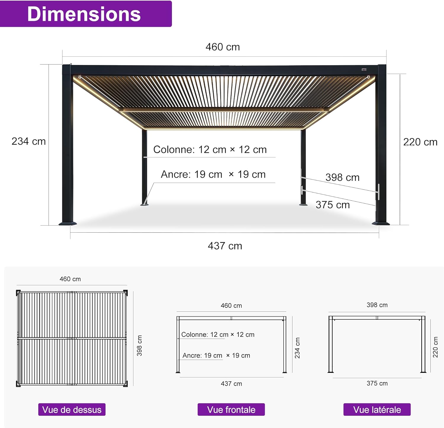 bleujardin - Pergola bioclimatique alu 4x4.6m, lames LED, durable