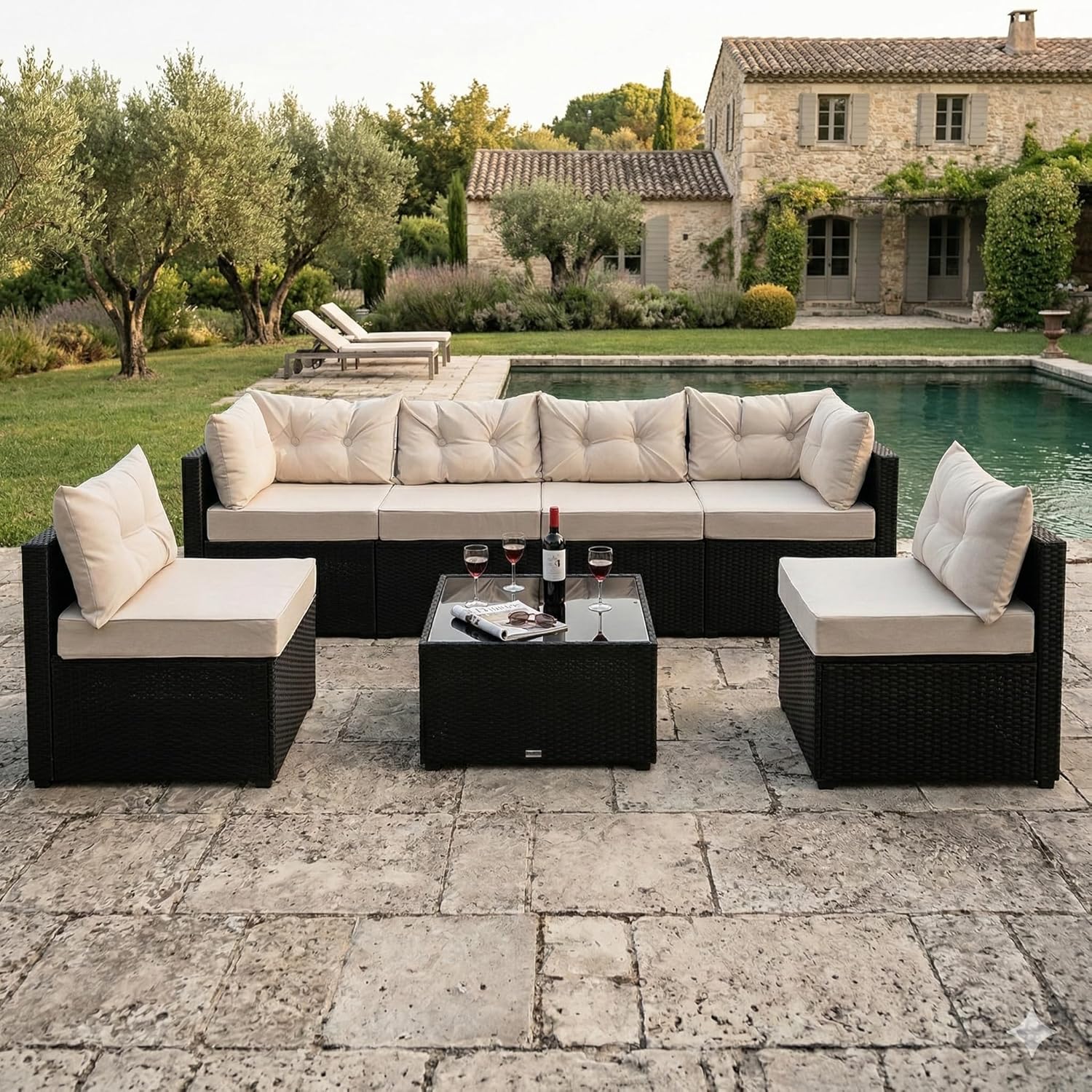 bleujardin - NACULA - Salon de jardin 5 places, résine tressée, coussins beige, table basse verre, extérieur