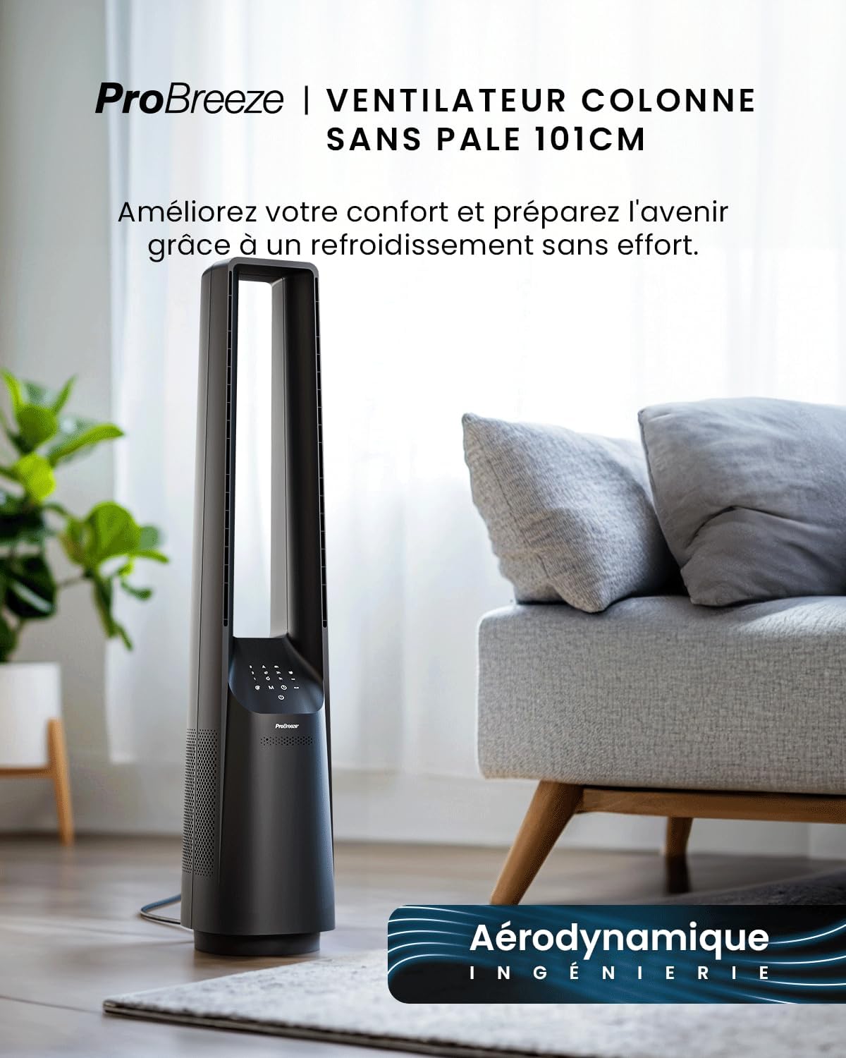 bleujardin - Ventilateur colonne sans pales - 101 cm - WiFi, ultra silencieux, LED, télécommande, 6 vitesses, 5 modes, o