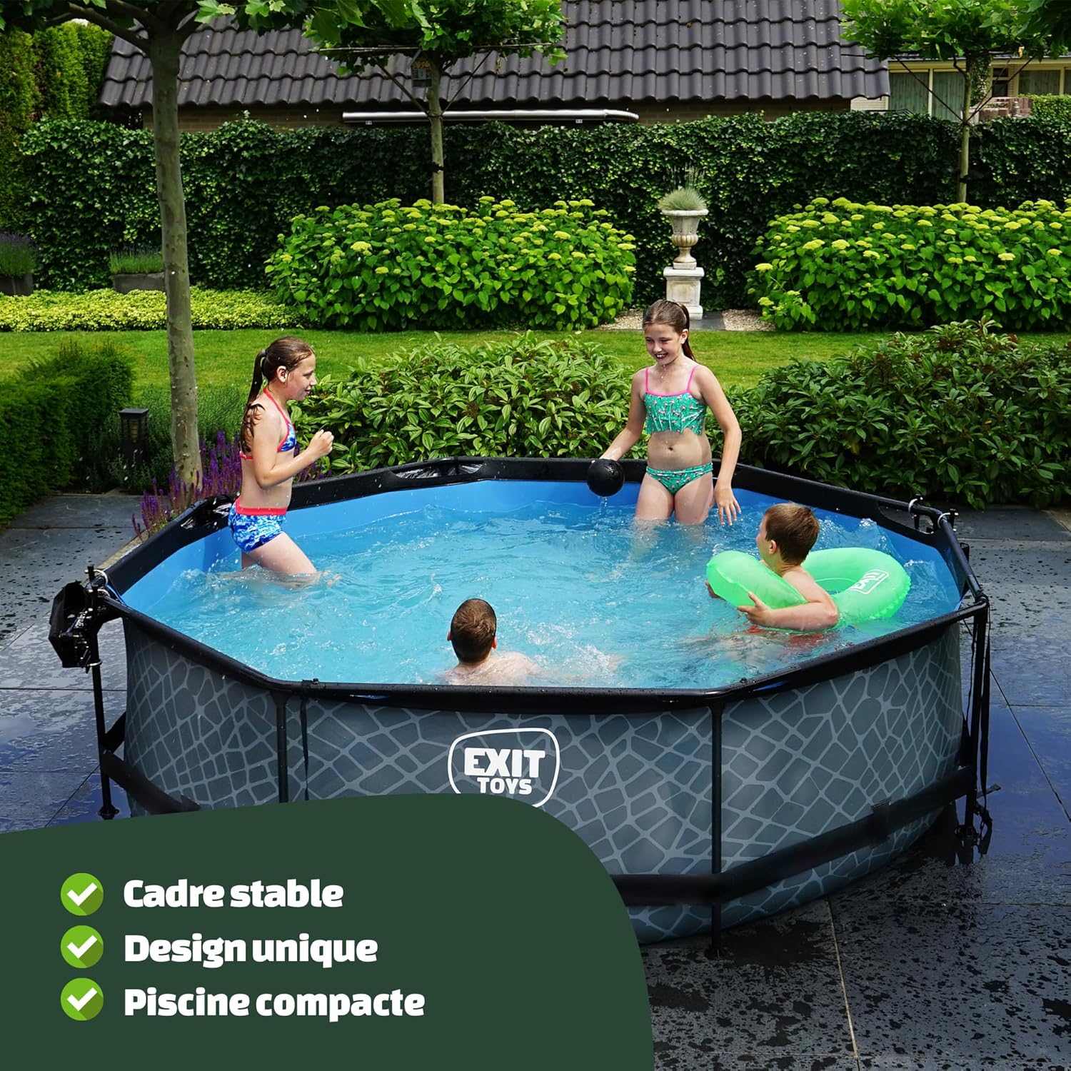 bleujardin Piscine Tubulaire Stone - ø300x76cm - Piscine Hors Sol Ronde avec Pompe Filtrante à Cartouche - Entrée Basse - Idéal pour Les Jeunes Enfants - Cadre Stable - Design Unique - Gris