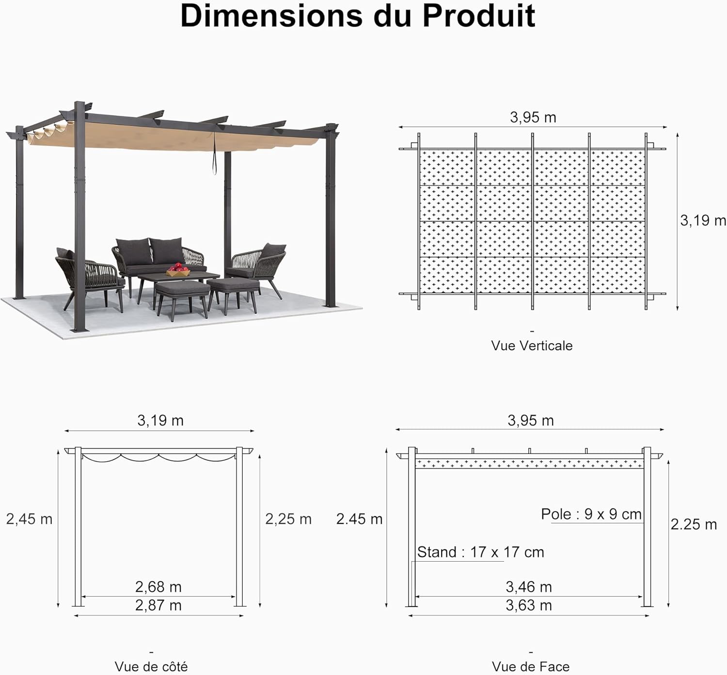 bleujardin - pergola aluminium série - 4x3,2m - toile teintée, toit coulissant, kaki