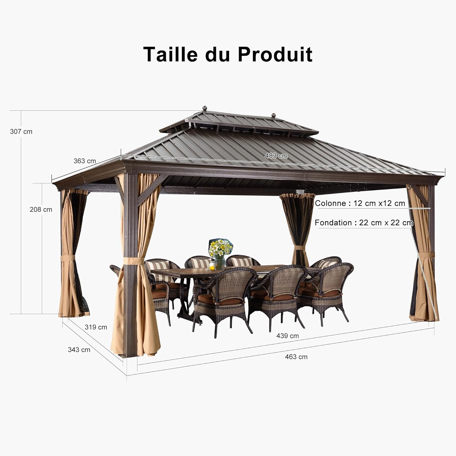 bleujardin - Pergola toit double 4,85x3,65m acier moustiquaire rideaux