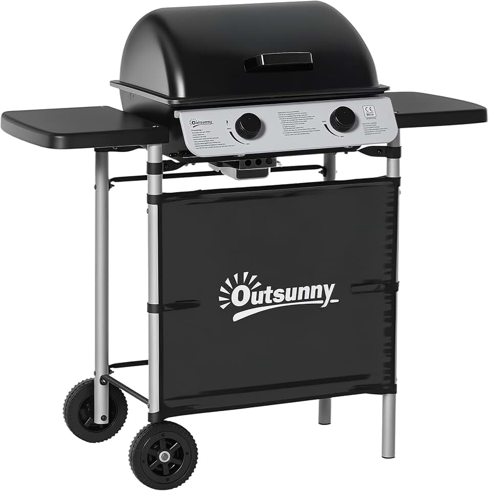 bleujardin - Barbecue gaz 2 brûleurs inox, 2 grilles, 2,8kW, 2 étagères, 2 roues, noir