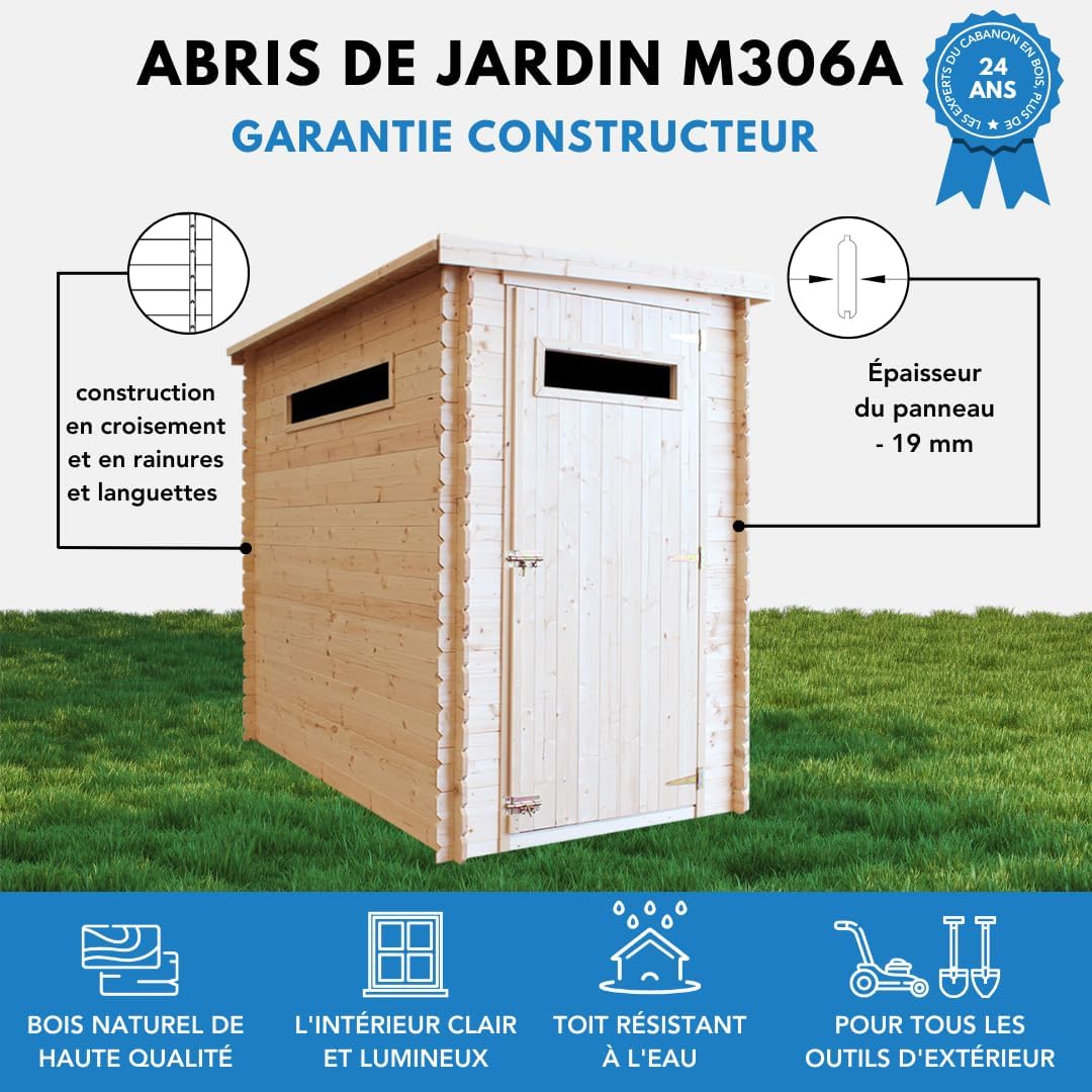 Abri de Jardin en Bois, Petite fenêtre, avec Sol TRAITÉ- Stockage extérieur l239xL144xH198 cm/2.63 m2 - Petit abri à Outils, Local à vélos - Toit imperméable, fenêtres bleujardin M306A+M306G