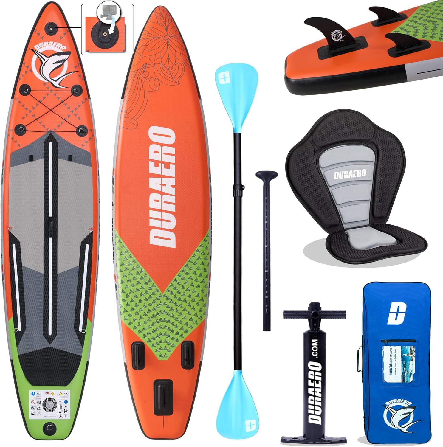Siège de Kayak Gonflable Stand Up Paddle et Support de caméra, pagaie 2 en 1 330x76x15cm, Pompe jusqu'à 150kg avec Sangle de Pied, Sac à Dos
